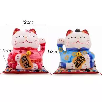 2 Pieces Couple Maneki Neko Ornament Ceramic Lucky Cat Home Decoration Gift Feng Shui Piggy Bank Statue (1 boy + 1 girl) 14cm