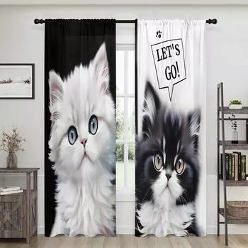 2 pieces, cute black and white cat curtains - semi blackout - suitable for living room, bedroom, kitchen, home decoration W150CM H166CM&Rod pocket белый