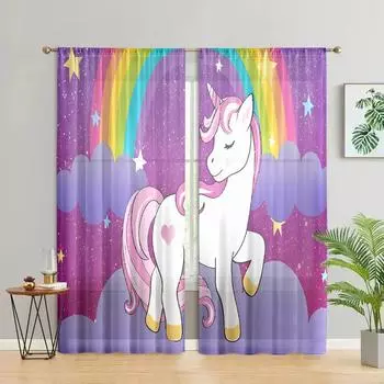 2 pieces, cute rainbow unicorn curtains for girls - semi blackout - suitable for living room, bedroom, kitchen, home decoration W150CM H166CM&Rod pocket фиолетовый