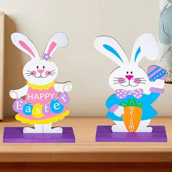 2 Pieces Easter Rabbit Wood Table Sign Ornament Colorful for Party Arrangement Lightweight