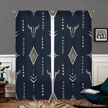 2 pieces, ethnic Aztec cow head curtains - suitable for living room, bedroom, kitchen and home decoration - add decorative fun. W150CM H166CM&Rod pocket