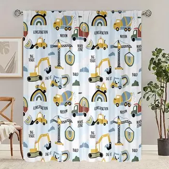 2 pieces - excavator cartoon printing curtain - polyester material - suitable for bedroom living room study room privacy curtain 30inchx65inchx2Pcs