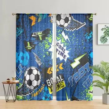 2 pieces, fashionable cartoon football curtains - semi blackout - suitable for living room, bedroom, kitchen, home decoration W150CM H166CM&Rod pocket синий