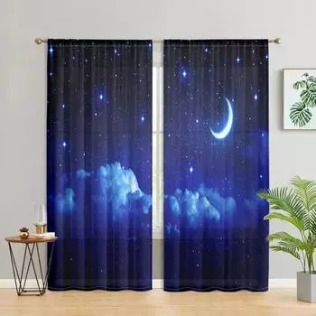 2 pieces, Galaxy Moon Star curtains - Rod pocket semi transparent curtains - Living room, bedroom, kitchen, home decoration W150CM H166CM&Rod pocket