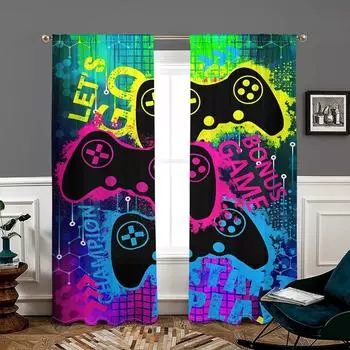 2 pieces, game controller curtains - bright neon text -30% blackout - suitable for living room, bedroom, kitchen, home decoratio W150CM H166CM&Rod pocket