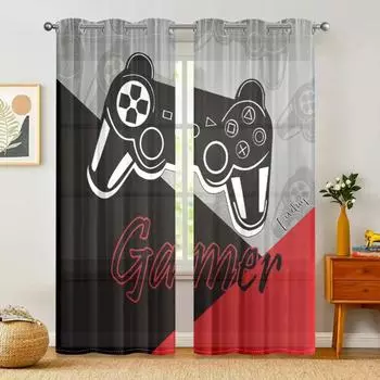 2 pieces, game controller curtains - grommet treatment - living room, bedroom, home decoration - black, red, and gray W150CM H166CM&Grommet Top
