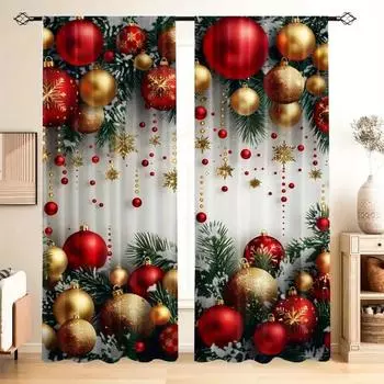 2 Pieces Golden Christmas Pattern Curtains Festive Christmas Balls Curtains Suitable for Living Room Kitchen Bedroom Christmas 2x50W160H(CM)40x63in&Hook