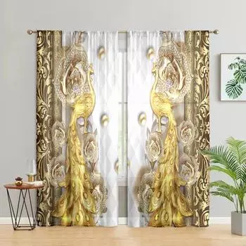 2 pieces, Golden Peacock Curtains - Rod Pocket Semi blackout - Perfect for Living Room, Bedroom, Kitchen, Home Decoration W150CM H166CM&Rod pocket жёлтый