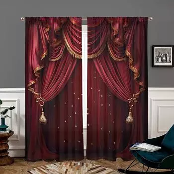 2 шт., золотисто-красные 3D-шторы с имитацией затемнения - 30% - подходят для гостиной, спальни, кухни и домашнего декора. W150CM H166CM&Rod pocket бордовый