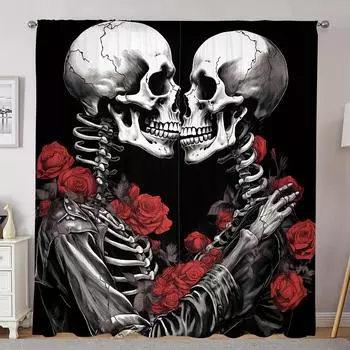 2 Pieces Halloween Skull Monster Crow Cat Digital Floral Printed Curtain Pocket Holder for Living Room Cloakroom Kitchen Bedroom 100W130H(CM)&Grommet Top