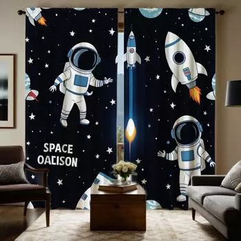 2 Pieces HD Digital Black Department Cartoon Planet Space Astronaut Curtains Home Decorating Style Decorating Living Room Bedroo W52H63inchW132H160cm