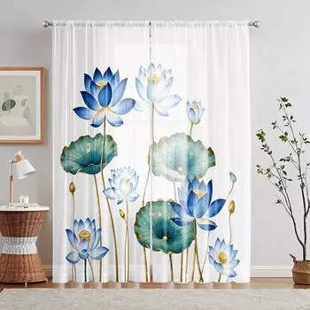 2 Pieces HD Digital Blue Lotus Printed Window Valance Home Decorating Style Decorating Living Room Bedroom Rodding Curtain Effec W52H63inchW132H160cm