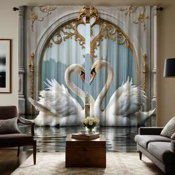2 шт. HD цифровые серые легкие роскошные европейские теплые шторы в виде лебедя для украшения дома, стиль украшения гостиной, спальни, карнизные шторы W52H63inchW132H160cm