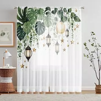 2 Pieces HD Digital Green Banana Hanging Bell Tree Printed Window Valance Home Decorating Style Decorative Living Room Bedroom R W52H63inchW132H160cm