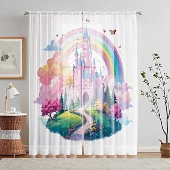 2 Pieces HD Digital Pink Princess Rainbow Castle Printed Window Valance Home Decorating Style Decoration Living Room Bedroom Rod W52H63inchW132H160cm