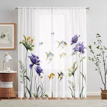 2 Pieces HD Digital Purple Iris Fish Figure Printed Window Valance Home Decorating Style Decoration Living Room Bedroom Rodding W52H63inchW132H160cm