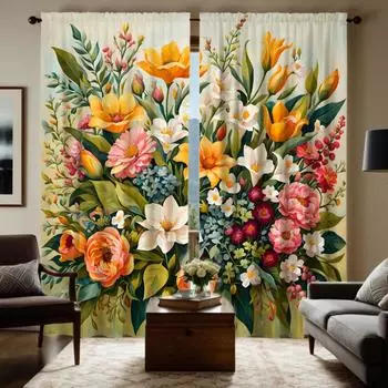 2 Pieces HD Digital Red Flower Butterfly Printed Window Valance Home Decorating Style Decorative Living Room Bedroom Rodding Cur W52H63inchW132H160cm