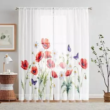 2 Pieces HD Digital Red Flower Butterfly Printed Window Valance Home Decorating Style Decorative Living Room Bedroom Rodding Cur W52H63inchW132H160cm