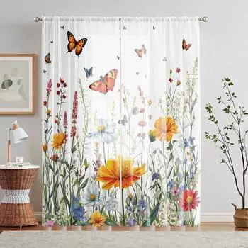 2 Pieces HD Digital Yellow Flower Butterfly Fluttering Printed Window Valance Home Decorating Style Decoration Living Room Bedro W52H63inchW132H160cm