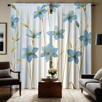 2 pieces HD fresh blue flower decoration curtain Blue digital printed curtain home decoration style decoration living room bedro W52H63inchW132H160cm