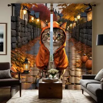 2 pieces HD Thanksgiving Alley maple leaf pumpkin cat curtain Yellow tie digital printed curtain Home decoration style Decorate W52H63inchW132H160cm