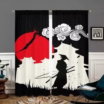 2 pieces, Japanese samurai red sun curtains - semi blackout - suitable for living room, bedroom, kitchen, home decoration W150CM H166CM&Rod pocket чёрный