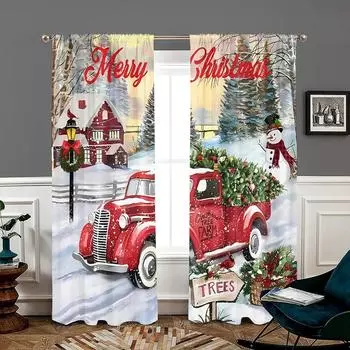 2 pieces, Merry Christmas red truck curtains -30% blackout - suitable for living room, bedroom, kitchen, home decoration W150CM H166CM&Rod pocket красный