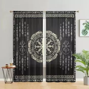 2 pieces, mysterious rune geometric totem curtains - semi blackout - suitable for living room, bedroom, kitchen, home decoration W150CM H166CM&Rod pocket чёрный