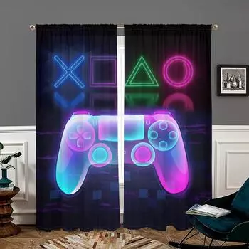2 pieces, neon colored game controller curtains - semi blackout - suitable for living room, bedroom, kitchen, home decoration W150CM H166CM&Rod pocket чёрный