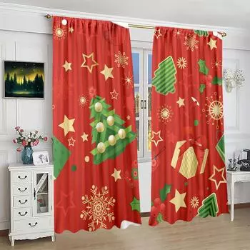2 pieces of Cartoon Christmas tree star gift printing curtain - polyester material - suitable for bedroom living room study room 30inchx65inchx2Pcs