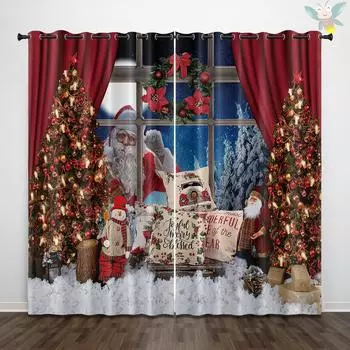2 pieces of Christmas background decoration with Santa Claus pattern printed curtains, used for bedrooms and living rooms 140x160cm&Grommet Top