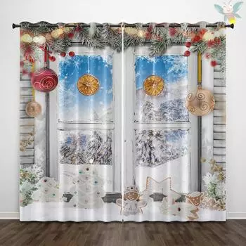 2 pieces of Christmas themed snow bell patterned printed curtains for decoration, bedrooms, and living rooms 140x160cm&Grommet Top