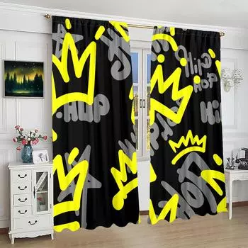 2 pieces of Graffiti crown printing curtain - polyester material - suitable for bedroom living room study room priva 30inchx65inchx2Pcs