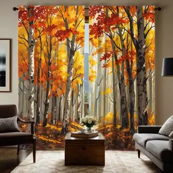 2 pieces of HD Autumn forest maple curtain Yellow tie digital printed curtain Home decoration style Decorate living room bedroom W52H63inchW132H160cm