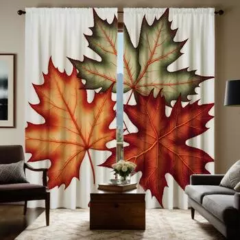 2 pieces of HD autumn multicolor maple leaf decorative curtain Yellow tie digital printed curtain home decoration style decorati W52H63inchW132H160cm