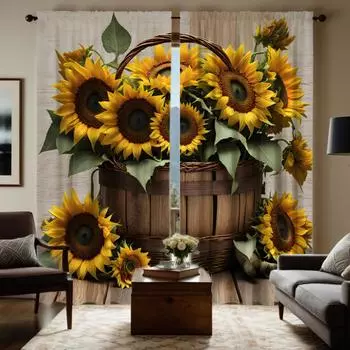 2 pieces of HD basket with sunflower flowers decorative curtain Yellow digital printed curtain home decoration style decoration W52H63inchW132H160cm