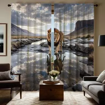 2 pieces of HD blue sky Baiyun River beach lion decorative curtain Gray digital printed curtain home decoration style decoration W52H63inchW132H160cm