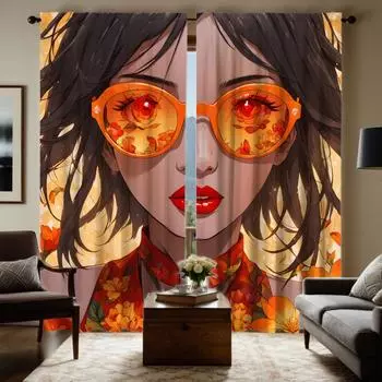 2 pieces of HD cartoon girl wearing sunglasses decorative curtain Yellow digital printed curtain home decoration style decoratio W52H63inchW132H160cm