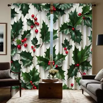 2 pieces of HD Christmas green leaf white border Holly berry curtain Green digital printed curtain home decoration style Decorat W52H63inchW132H160cm