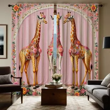2 pieces of HD Girly powder flower decoration Giraffe decorative curtain Pink tie digital printed curtain Home Decoration style W52H63inchW132H160cm