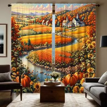 2 pieces of HD gold country field view decorative curtain Yellow digital printed curtain Home decoration style decoration living W52H63inchW132H160cm