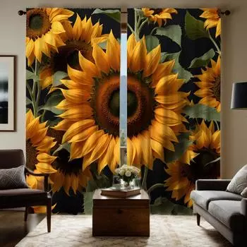 2 pieces of HD green leaves set off sunflower curtains Yellow digital printed curtains home decoration style decoration living r W52H63inchW132H160cm