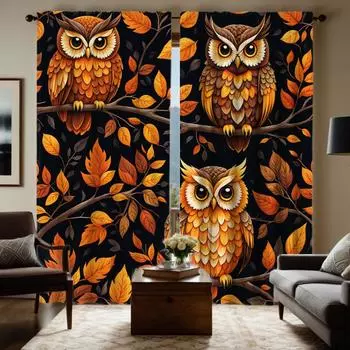 2 pieces of HD maple tree three owl curtains Yellow tie digital printed curtains Home decoration style Decorate living room bedr W52H63inchW132H160cm