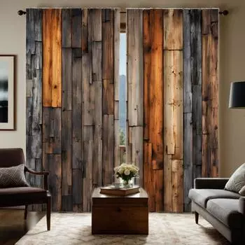 2 pieces of HD restoration old wood decorative curtain Yellow tie digital printed curtain home decoration style decoration livin W52H63inchW132H160cm