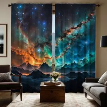 2 pieces of HD scenery under the stars decorative curtain Black tie digital printed curtain Home decoration style decoration liv W52H63inchW132H160cm
