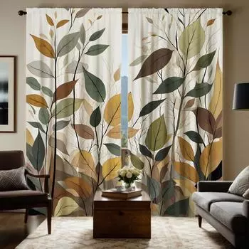 2 pieces of HD small fresh leaves decorative curtain Yellow digital printed curtain home decoration style decoration living room W52H63inchW132H160cm