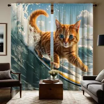 2 pieces of high definition play floating cat fun picture Decorative curtain Blue digital printed curtain home decoration style W52H63inchW132H160cm