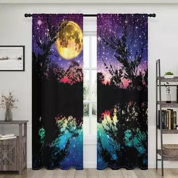 2 pieces, purple starry sky, moon, trees, lake curtains, filter, suitable for living room, kitchen, bedroom, home decoration W150CM H166CM&Rod pocket