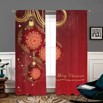 2 pieces, red classic Christmas ball curtains -30% blackout - suitable for living room, bedroom, kitchen, home decoration W150CM H166CM&Rod pocket красный