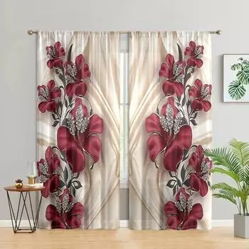 2 pieces, red floral silky background curtains -30% blackout - suitable for living room, bedroom and home decoration W150CM H166CM&Rod pocket красный